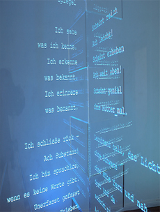 Elisa Asenbaum Thomas Maximilian Stuck Spiegel Schein, 2017 Sprachskulptur, Gedicht: E.Asenbaum Acrylglas, 2 Platten je 200x80x2 cm 