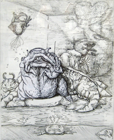 Julia Asenbaum Das ICH ist Schnecke geworden, 2014 schwarze Tusche, Bleistift auf Karton gerahmt 60 x 80 cm